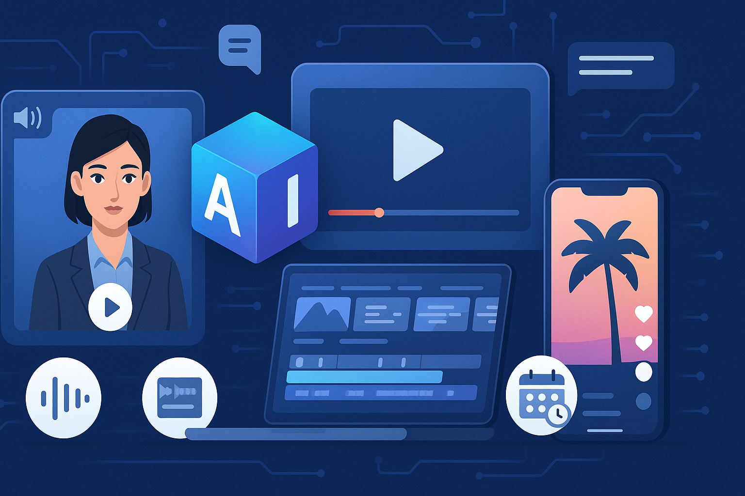 Visuelle Darstellung moderner KI-Tools für die automatisierte Videoproduktion auf Social Media. Zeigt zentrale Elemente wie Avatar, Video-Editor, Smartphone-Feed und AI-Symbole. Ideal für Content über KI-gestützte Videoerstellung 2025.“