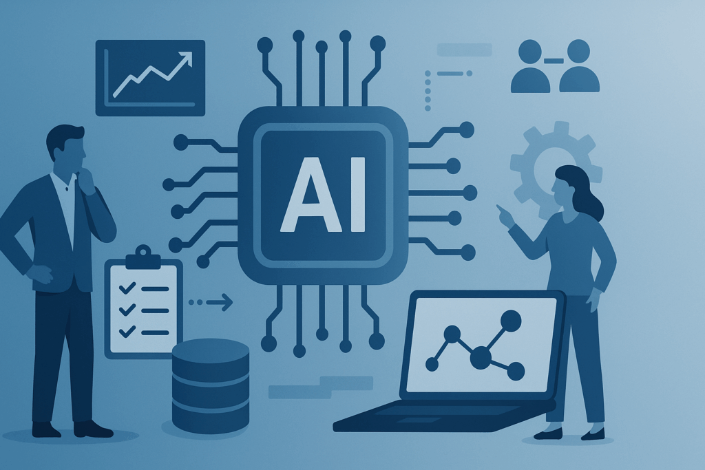 Beratungssituation zur Integration künstlicher Intelligenz mit Symbolen für Datenanalyse, Checklisten und Prozessautomatisierung – im Kontext professioneller KI Beratung.