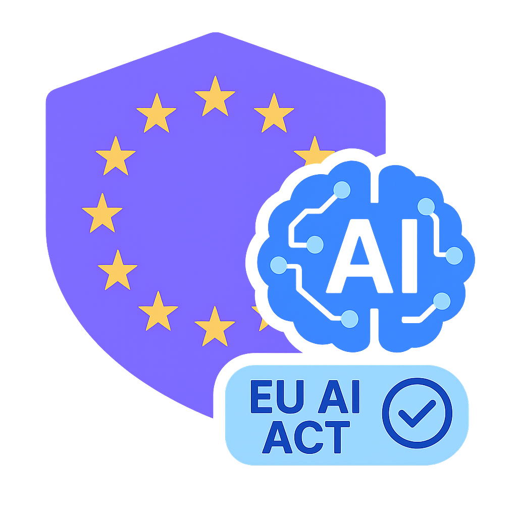 Illustration zum EU AI Act mit KI-Symbol und EU-Schutzschild – relevantes Thema für jeden KI Workshop in Europa.
