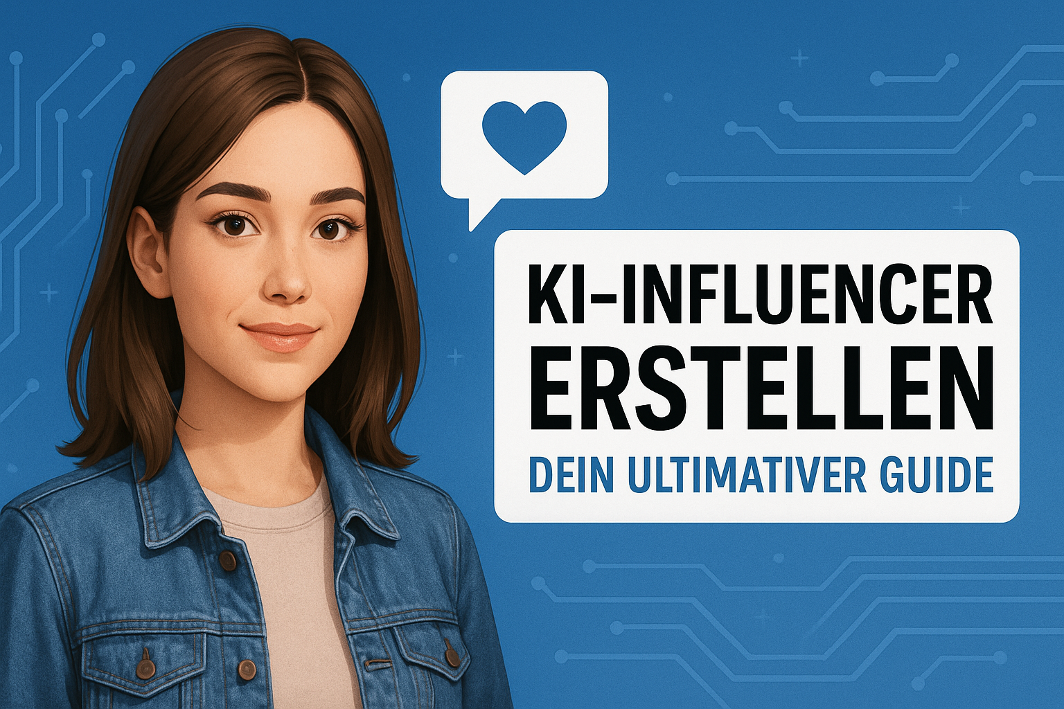 Digitale Illustration einer jungen, weiblich wirkenden KI-Influencerin mit braunen Haaren, neutralem Gesichtsausdruck und Jeansjacke vor einem blauen Hintergrund mit stilisierten Schaltkreislinien. Rechts daneben steht in einer Sprechblase: ‚KI-Influencer erstellen – Dein ultimativer Guide‘.