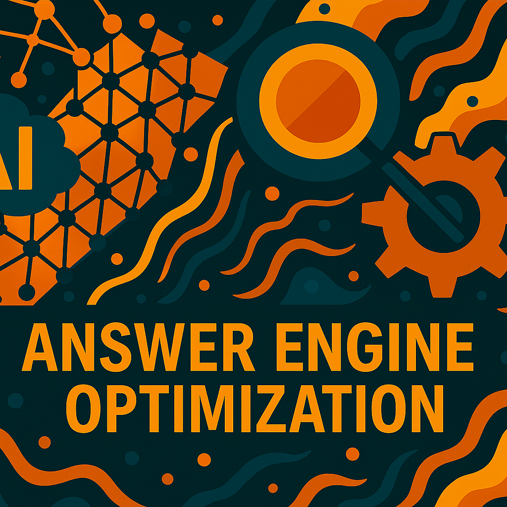 Abstraktes, farbenfrohes Digitalbild mit stilisierter Darstellung von KI-Knotenpunkten, einem Zahnradsymbol und einer Lupe als Sinnbild für Answer Engine Optimization (AEO), vernetzt durch ein neuronales Netzwerk.
