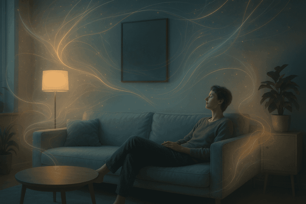 Person entspannt auf einem Sofa in einem modernen Wohnzimmer, umgeben von leuchtenden Linien und Partikeln – symbolisch für Ambient Computing und intelligente Wohnumgebungen.