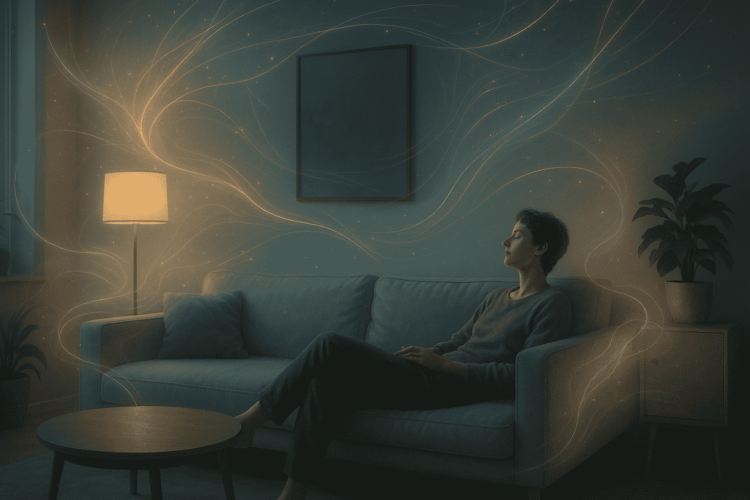 Person entspannt auf einem Sofa in einem modernen Wohnzimmer, umgeben von leuchtenden Linien und Partikeln – symbolisch für Ambient Computing und intelligente Wohnumgebungen.