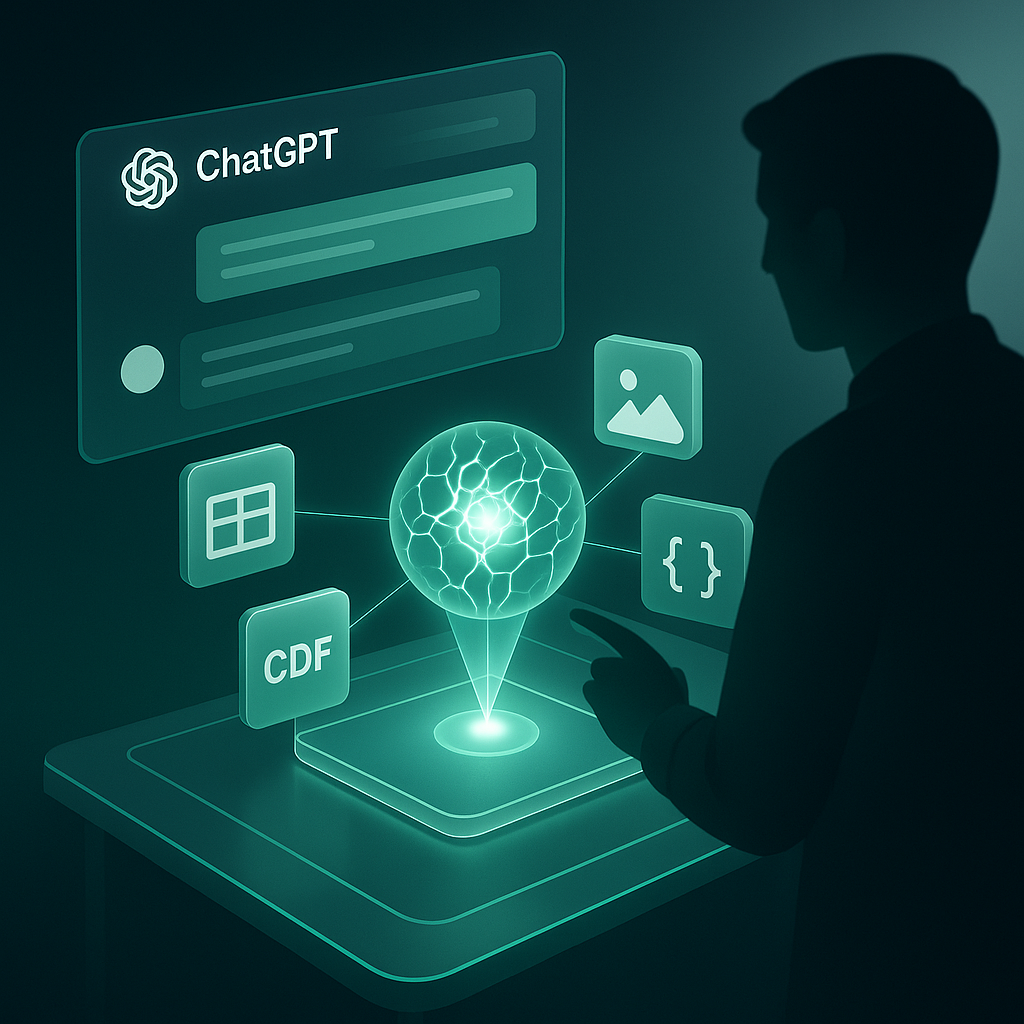 Visualisierung eines digitalen Arbeitsplatzes für ChatGPT Projekte mit holografischem Chatverlauf, KI-Kern und schwebenden Datei-Icons