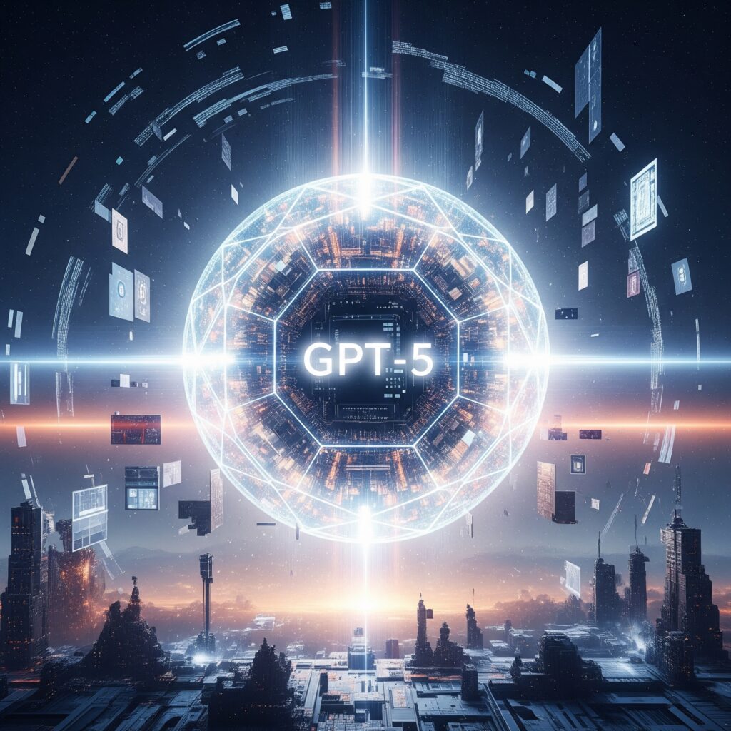 GPT-5 KI-Modell Visualisierung – Futuristisch, leuchtende Kugel symbolisiert künstliche Intelligenz und transformative Wirkung auf die digitale Landschaft.