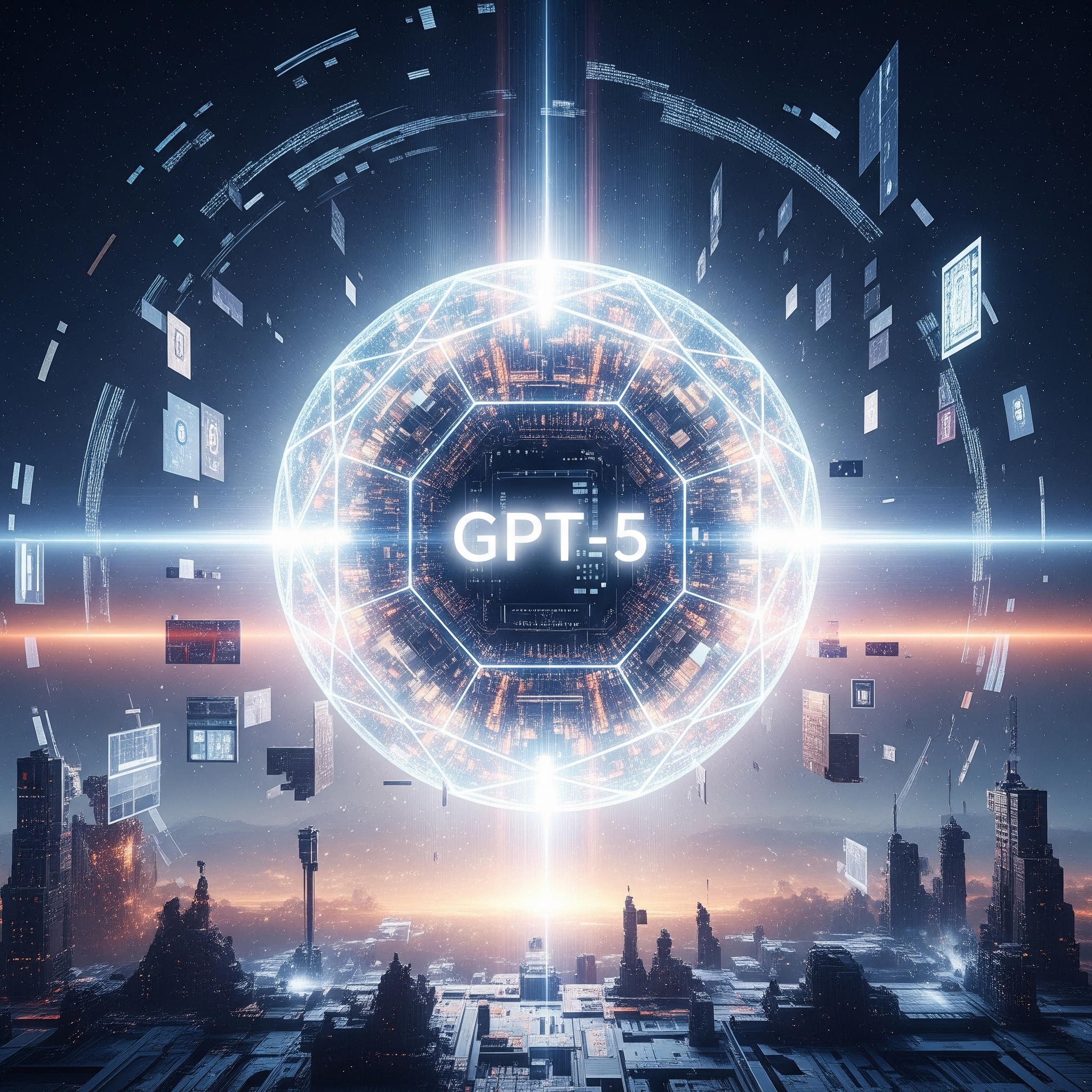 GPT-5 KI-Modell Visualisierung – Futuristisch, leuchtende Kugel symbolisiert künstliche Intelligenz und transformative Wirkung auf die digitale Landschaft.