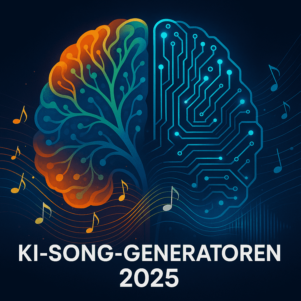 Grafik eines stilisierten Gehirns, dessen linke Hälfte kreativ und farbenfroh mit neuronalen Mustern gestaltet ist, während die rechte Hälfte technische Schaltkreise zeigt; musikalische Noten verbinden beide Seiten.