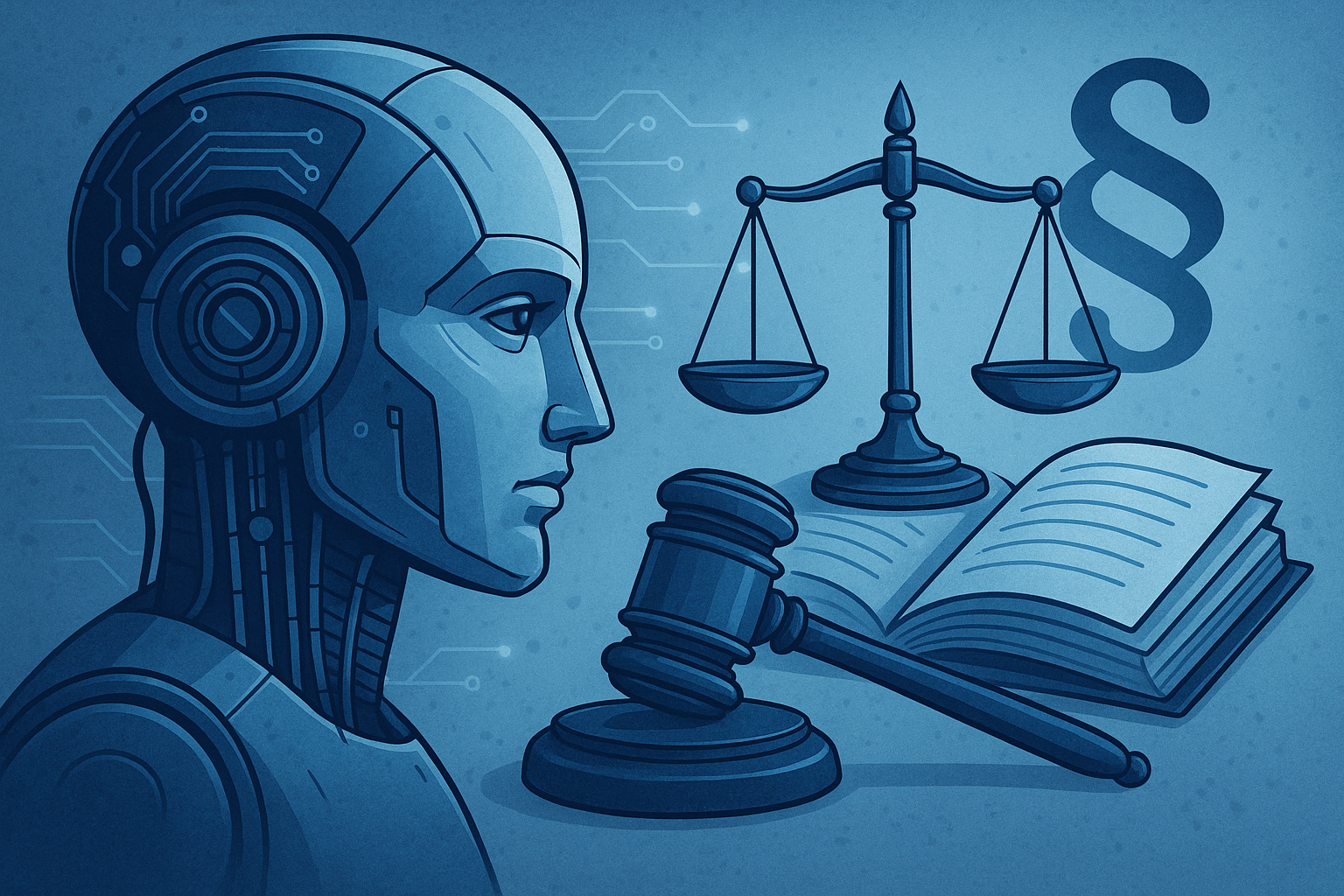 Illustration eines humanoiden Roboters mit Schaltkreisen, der auf eine Waage, ein geöffnetes Gesetzbuch, einen Richterhammer und ein Paragrafenzeichen blickt – Symbolbild für den Einsatz von KI im Rechtswesen.