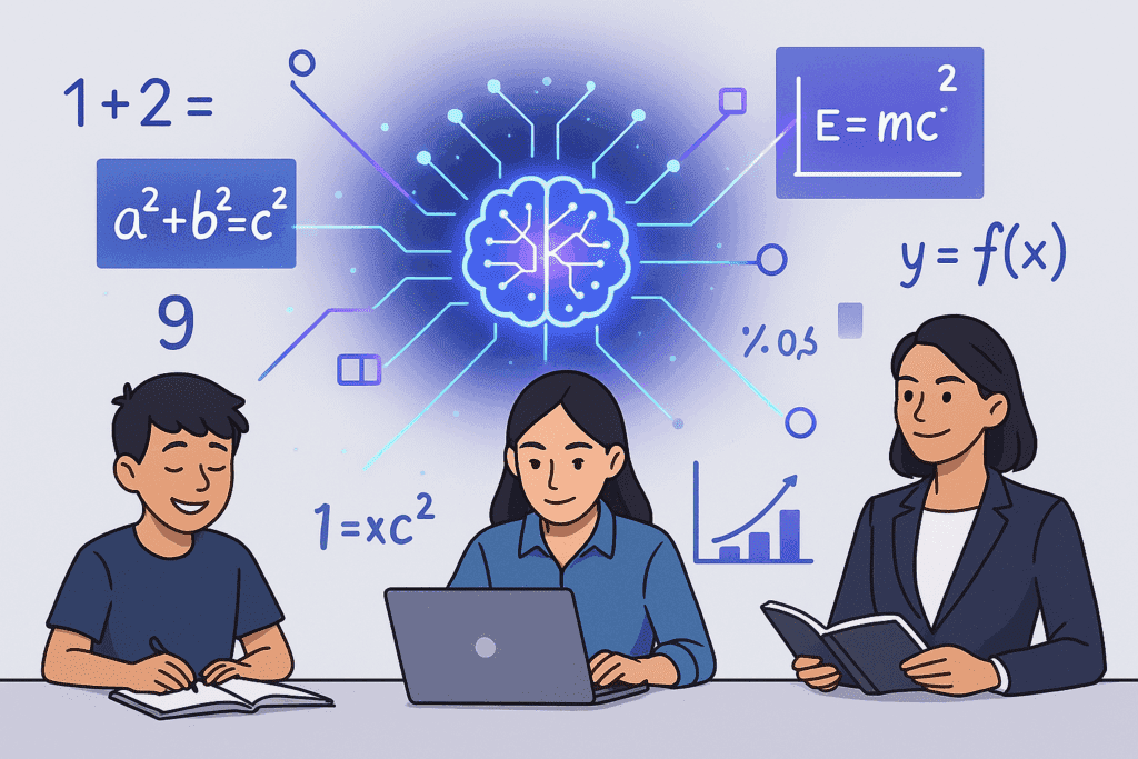 Drei Personen aus Schule, Studium und Beruf arbeiten mit Unterstützung einer KI an mathematischen Problemen, während ein leuchtendes digitales Gehirn über ihnen schwebt und visuelle Lösungen vernetzt darstellt.