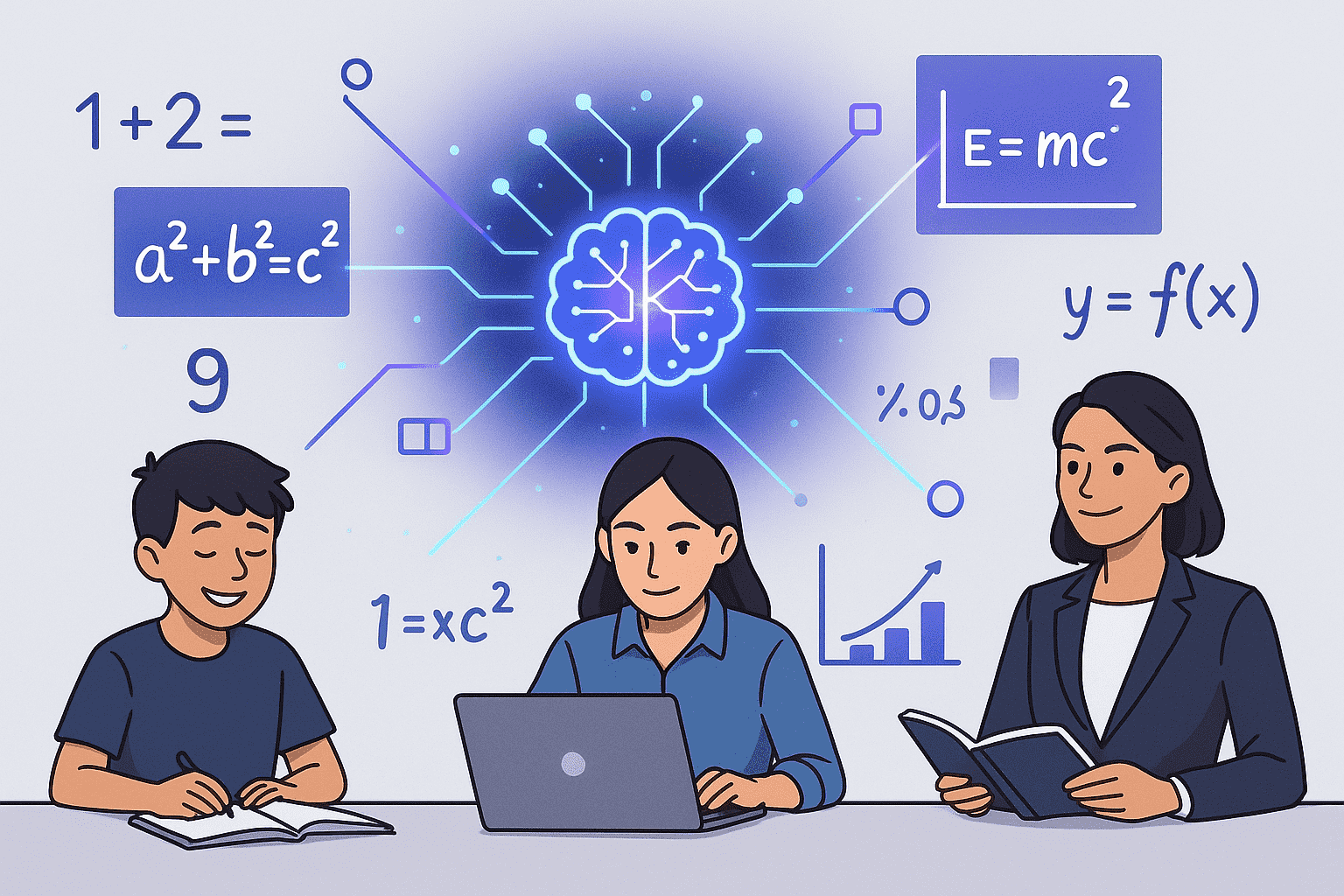 Drei Personen aus Schule, Studium und Beruf arbeiten mit Unterstützung einer KI an mathematischen Problemen, während ein leuchtendes digitales Gehirn über ihnen schwebt und visuelle Lösungen vernetzt darstellt.