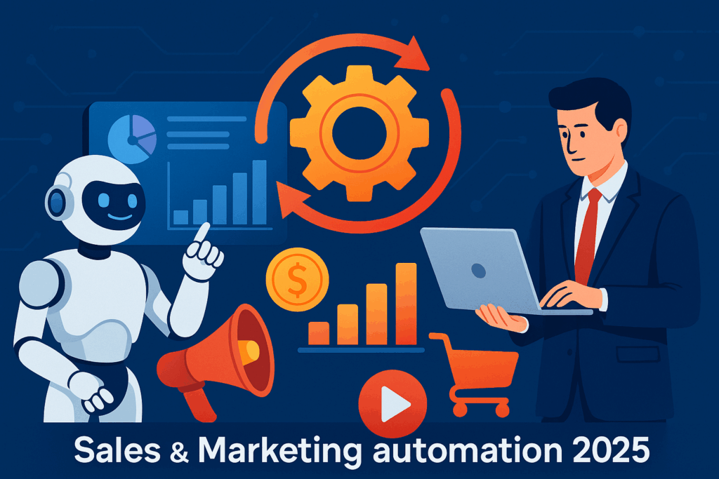 Illustration zur Sales- und Marketing-Automatisierung 2025 mit Roboter, Laptop-Nutzer, Zahnradsymbol und Analyse-Diagrammen.