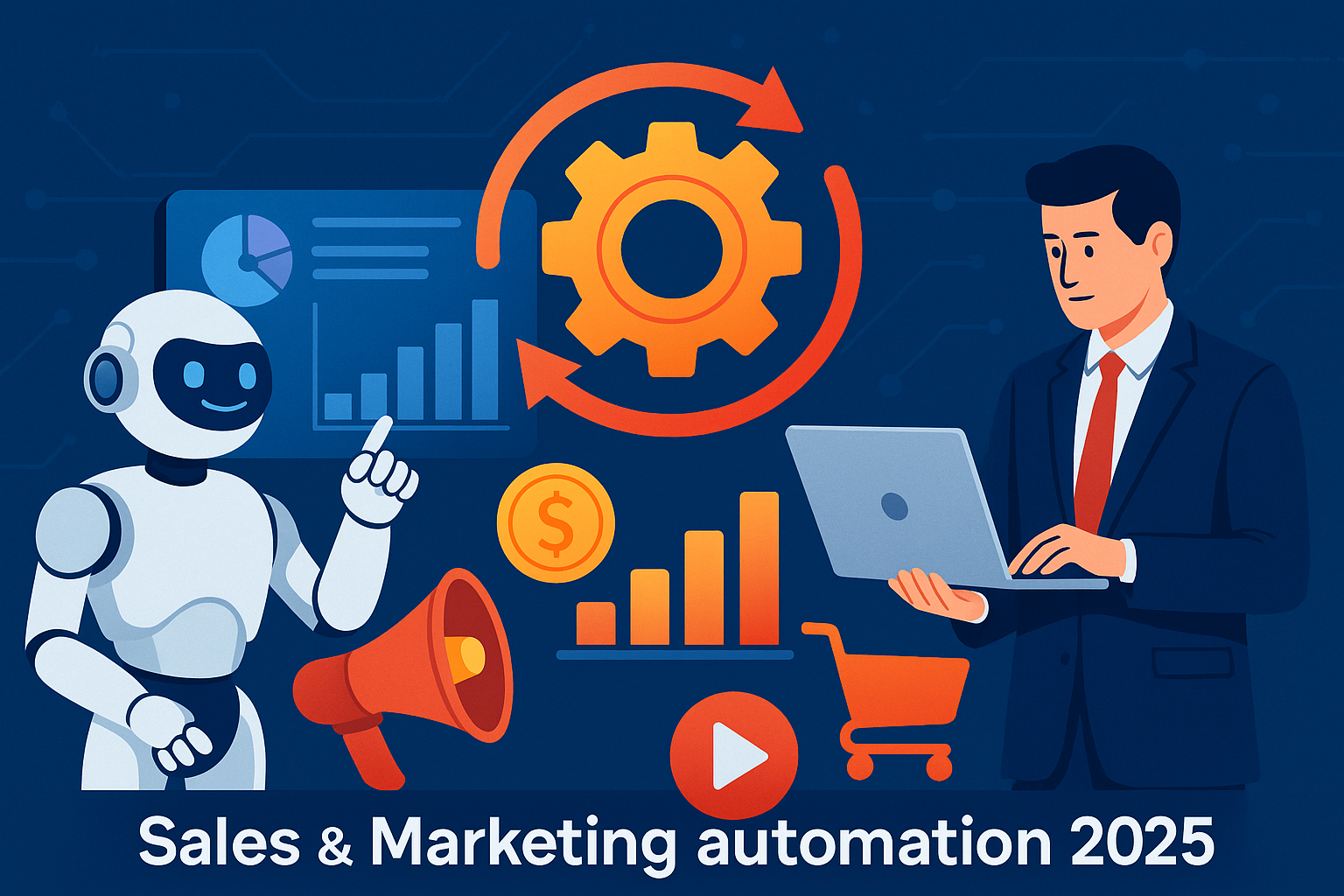 Illustration zur Sales- und Marketing-Automatisierung 2025 mit Roboter, Laptop-Nutzer, Zahnradsymbol und Analyse-Diagrammen.