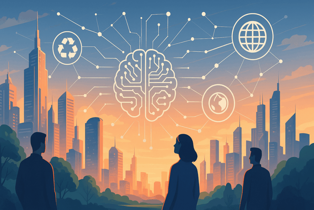 Digitale Illustration einer futuristischen Stadt bei Sonnenuntergang mit drei beobachtenden Personen im Vordergrund. Im Himmel sind Netzwerkelemente und ein stilisiertes KI-Hirn zu sehen, verbunden mit Symbolen für Nachhaltigkeit, globale Vernetzung und Umwelt.