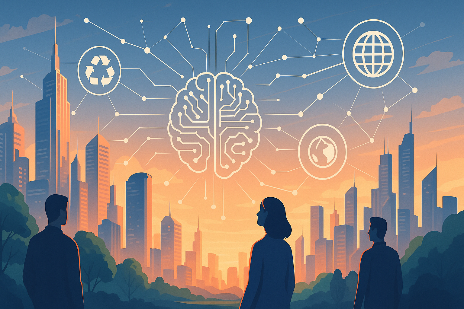 Digitale Illustration einer futuristischen Stadt bei Sonnenuntergang mit drei beobachtenden Personen im Vordergrund. Im Himmel sind Netzwerkelemente und ein stilisiertes KI-Hirn zu sehen, verbunden mit Symbolen für Nachhaltigkeit, globale Vernetzung und Umwelt.