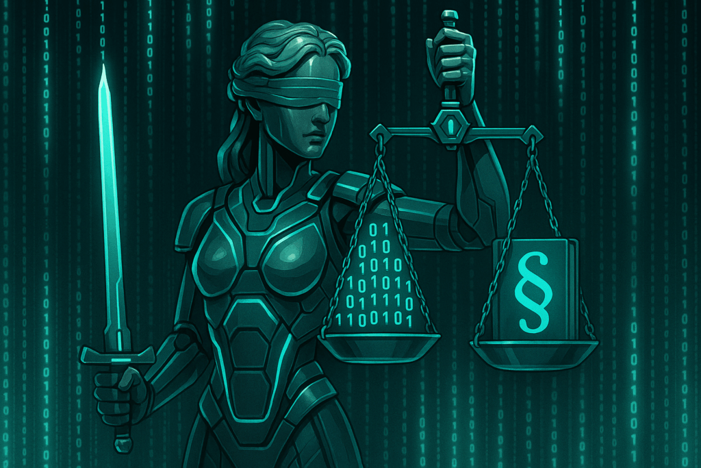 Eine blinde Justitia-Figur im Cyberpunk-Stil, gekleidet in futuristische Rüstung, hält ein Schwert und eine Waage. Auf der Waage sind Binärcode und ein deutsches Paragraphenzeichen zu sehen. Der Hintergrund besteht aus herabfallendem Binärcode, was die Integration von KI in Gerichtsverfahren symbolisiert.