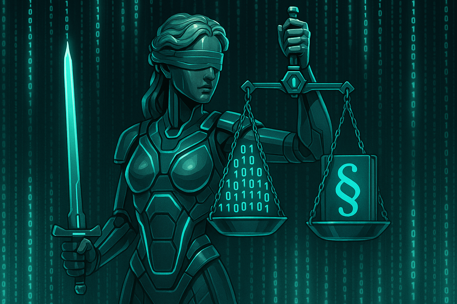 Eine blinde Justitia-Figur im Cyberpunk-Stil, gekleidet in futuristische Rüstung, hält ein Schwert und eine Waage. Auf der Waage sind Binärcode und ein deutsches Paragraphenzeichen zu sehen. Der Hintergrund besteht aus herabfallendem Binärcode, was die Integration von KI in Gerichtsverfahren symbolisiert.