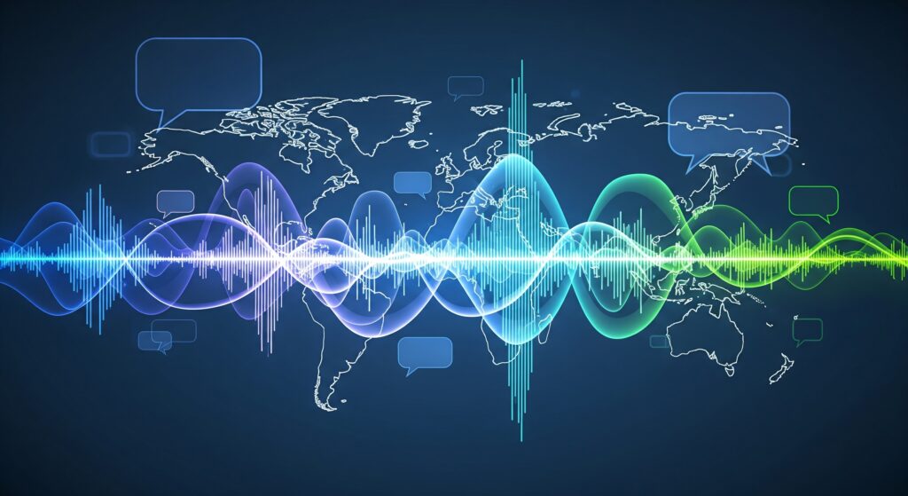 Visualisierung globaler Kommunikation durch KI-gestützte Übersetzungstechnologie mit Schallwellen, Weltkarte und Sprechblasen – Symbol für KI Übersetzer in Echtzeit.