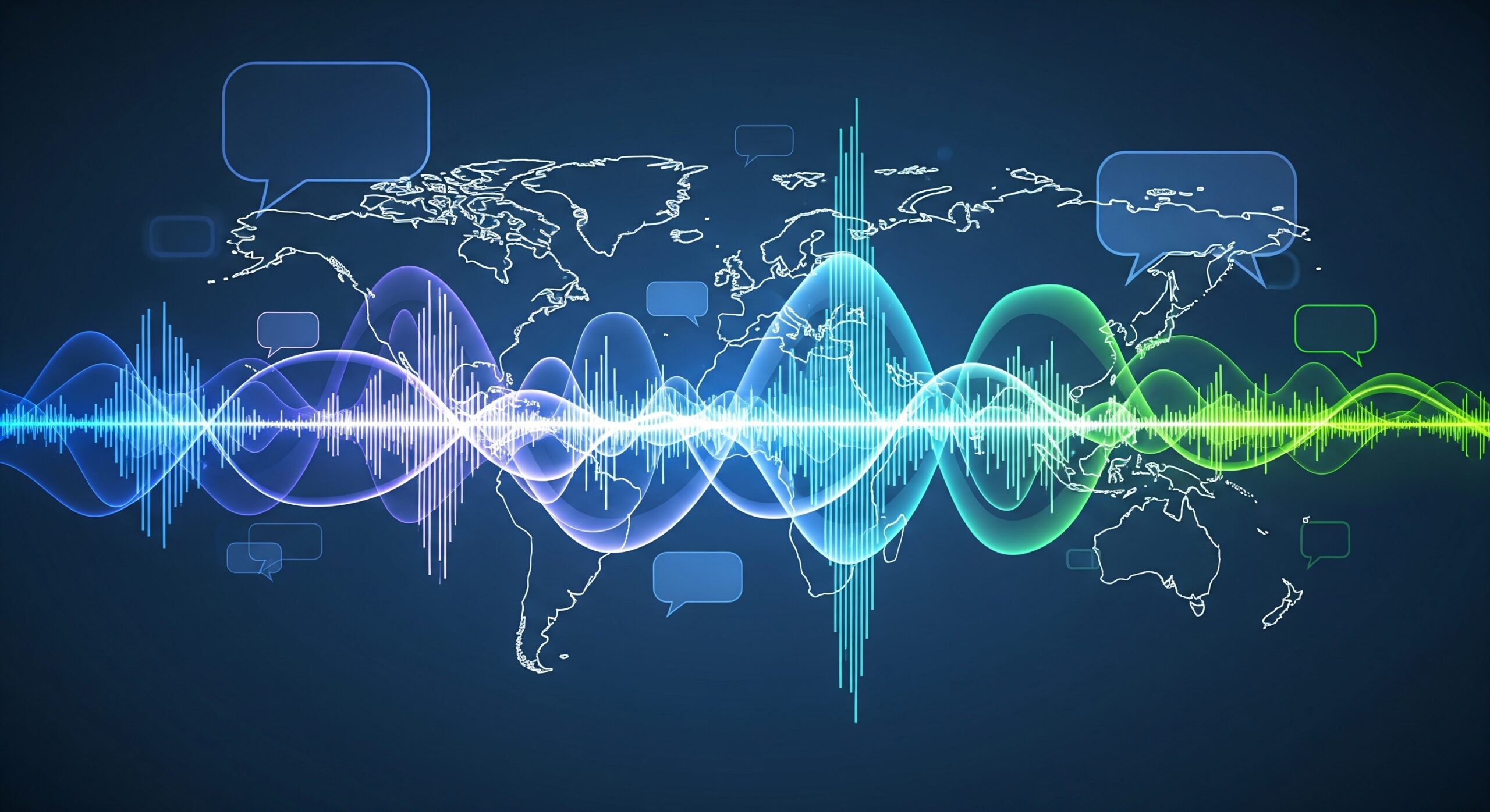 Visualisierung globaler Kommunikation durch KI-gestützte Übersetzungstechnologie mit Schallwellen, Weltkarte und Sprechblasen – Symbol für KI Übersetzer in Echtzeit.