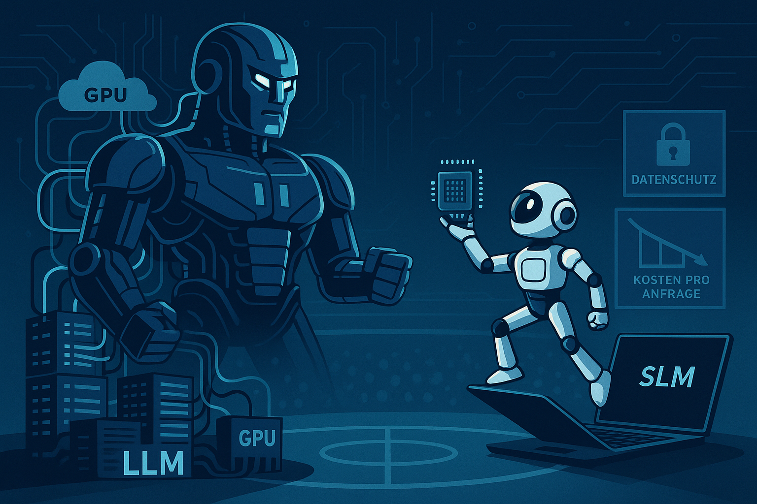Digitales Vergleichsbild: Links ein großer, komplexer KI-Titan (LLM) mit Servern und GPUs, rechts ein agiler Roboter (SLM) auf einem Laptop mit lokalem Chip. Symbolisiert die Effizienz und Datenschutzvorteile von Small Language Models.