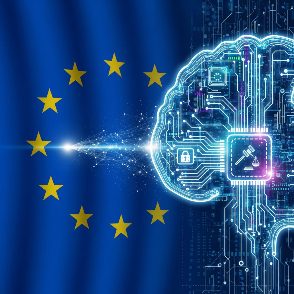 EU-Flagge und stilisiertes digitales Gehirn mit Symbolen für Recht und Regulierung.