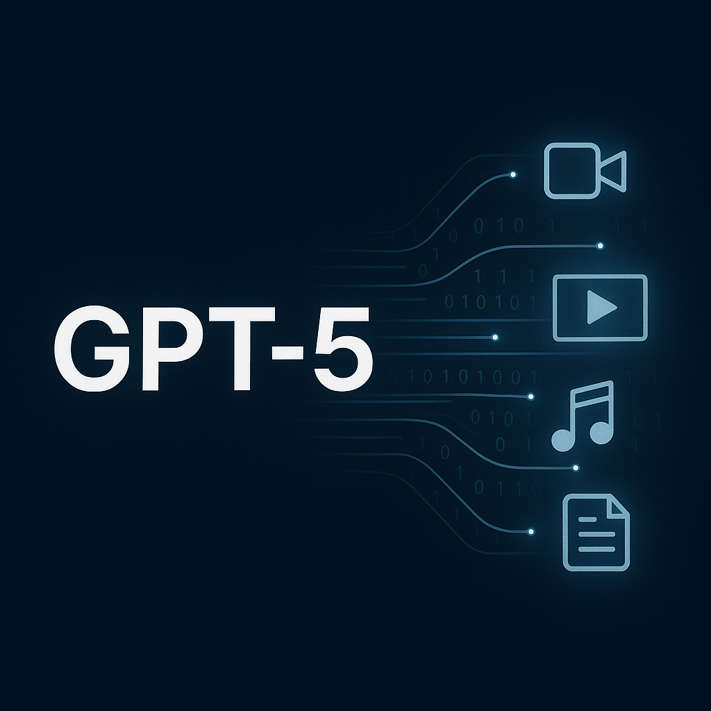 Minimalistisches GPT-5-Design mit leuchtendem Schriftzug und Datenfluss zu Multimedia-Icons, symbolisiert die vielseitigen Einsatzmöglichkeiten der KI.