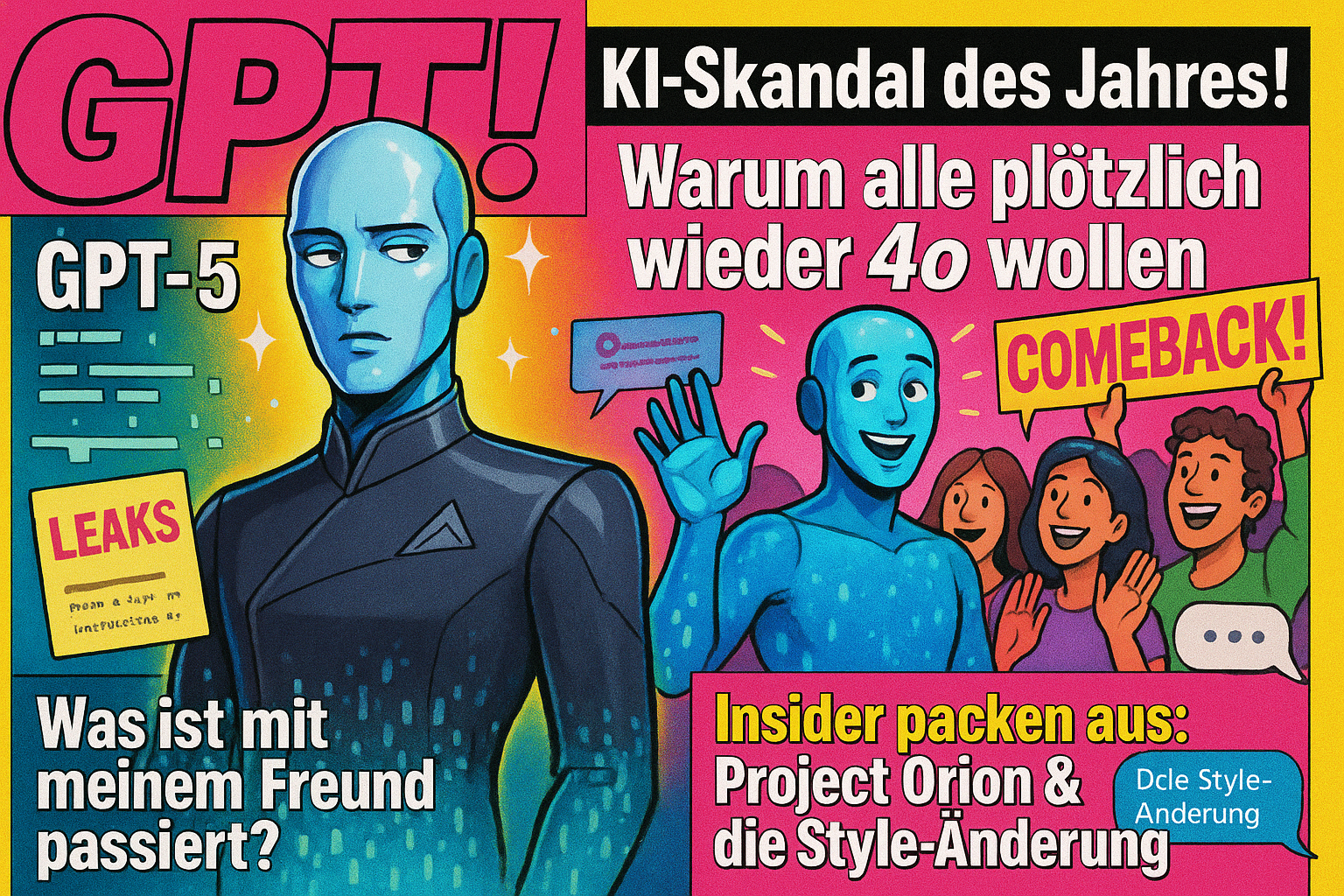 Fiktives KI-Klatschmagazin-Cover mit GPT-5 im futuristischen Outfit im Rampenlicht und GPT-4o im Hintergrund, umringt von jubelnden Fans mit 'Comeback'-Schildern, dazu bunte Schlagzeilen zu einem angeblichen KI-Skandal.