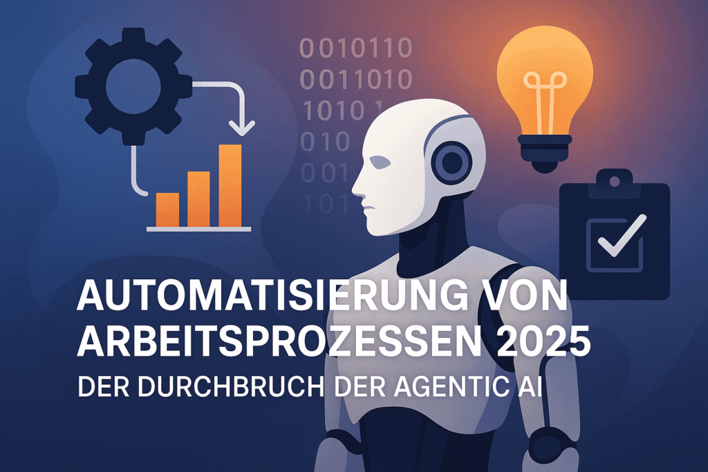 Illustration zu „Automatisierung von Arbeitsprozessen 2025“ mit humanoidem Roboter, Symbolen für Datenanalyse, Innovation und KI-gestützte Prozesse.
