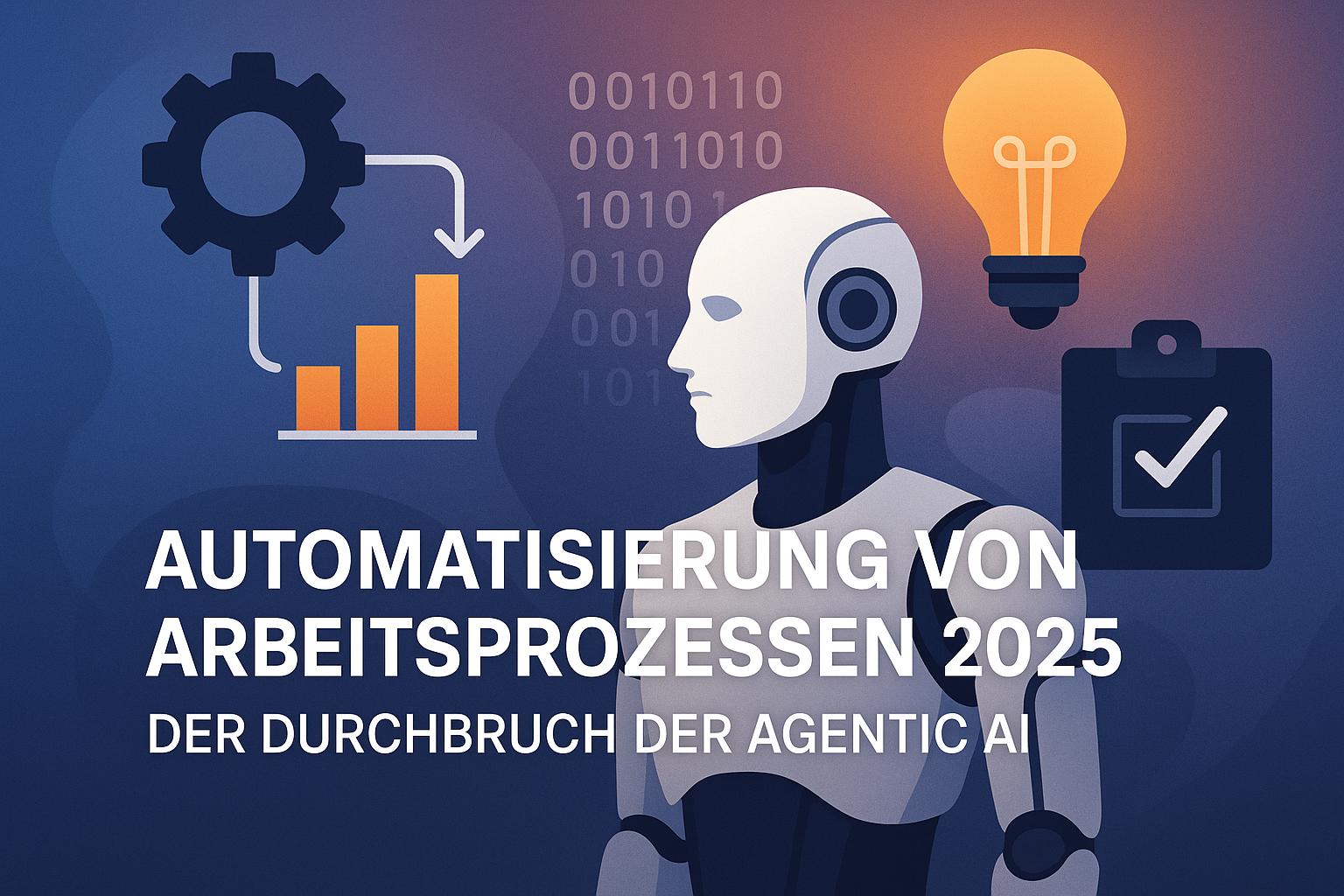 Illustration zu „Automatisierung von Arbeitsprozessen 2025“ mit humanoidem Roboter, Symbolen für Datenanalyse, Innovation und KI-gestützte Prozesse.