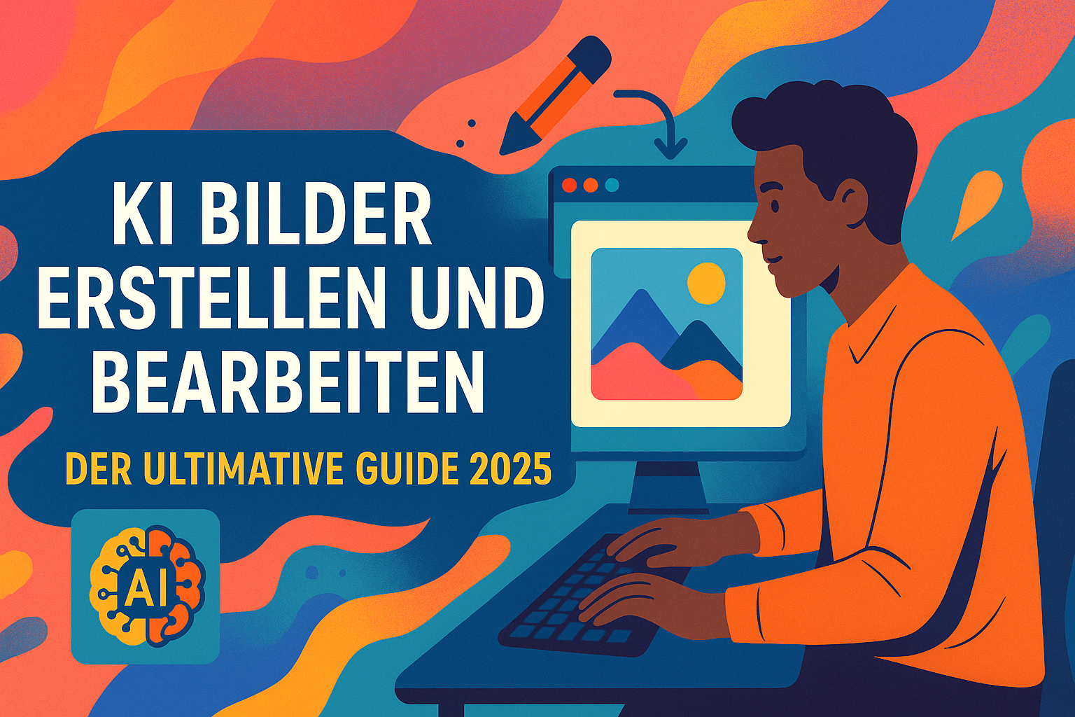 Farbenfrohes Beitragsbild im 16:9-Format zu KI Bilder erstellen und bearbeiten – zentral platzierter Text, kreative Illustration eines Designers mit KI-Tools am Computer, Guide 2025