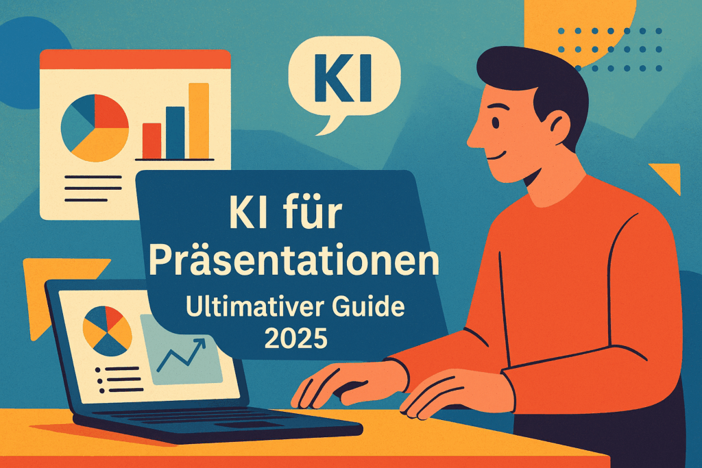 Illustration im 16:9-Format zu KI für Präsentationen – Person arbeitet am Laptop mit KI-gestützten Tools, mittig platzierter Text ‚KI für Präsentationen – Ultimativer Guide 2025‘, moderne Diagramme und Charts