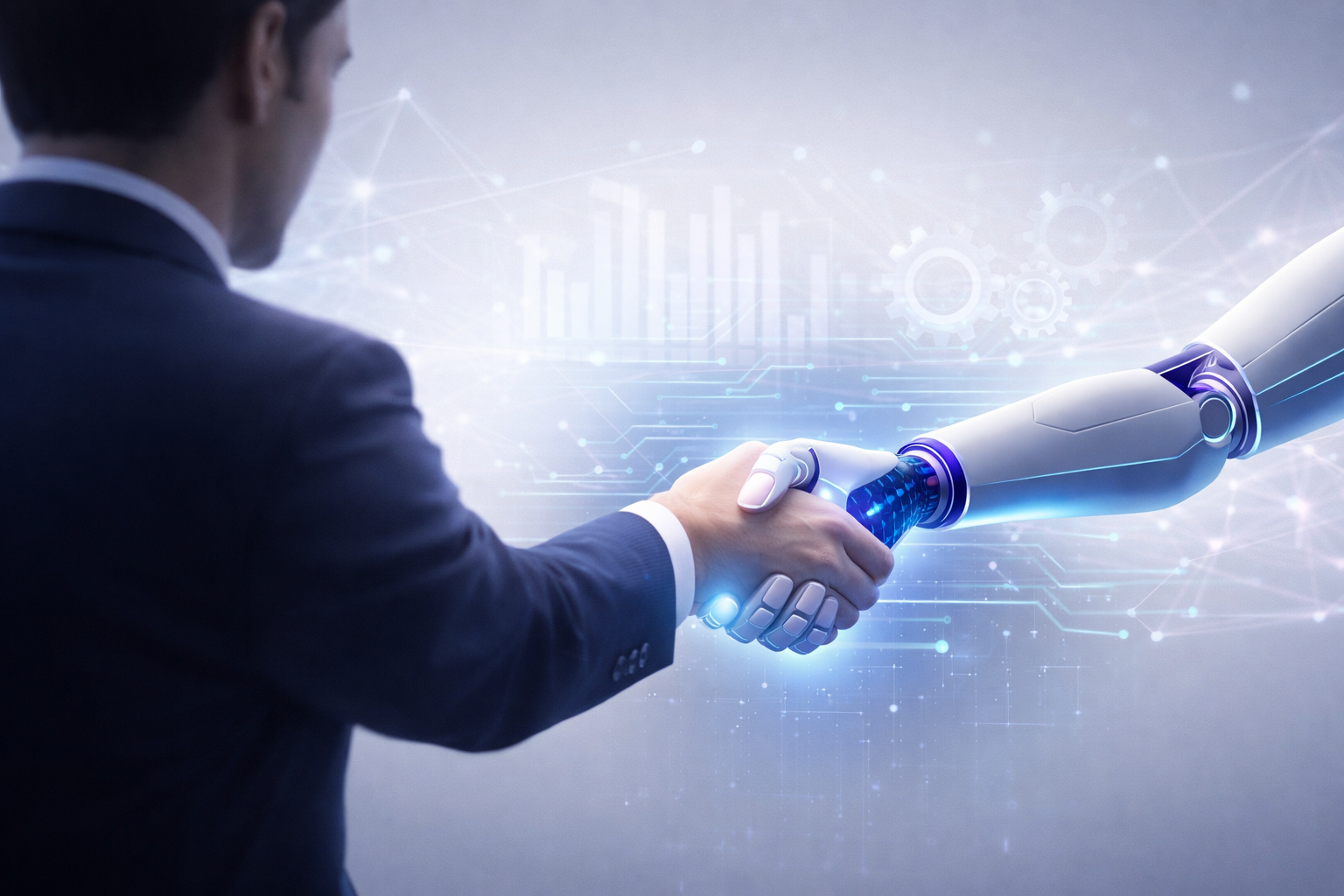 Symbolbild für die Zusammenarbeit von Mensch und Claude AI im Unternehmen: Ein Geschäftsmann schüttelt einer Roboterhand die Hand vor digitalem Hintergrund.