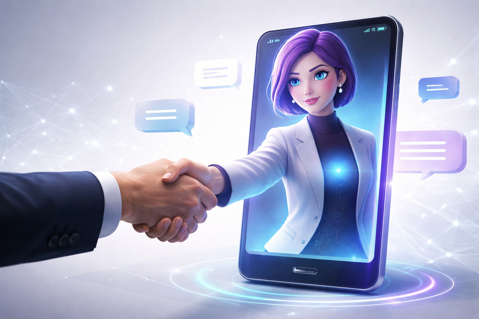 Illustration eines virtuellen KI-Charakters im geschäftlichen Einsatz zur Beratung und Interaktion