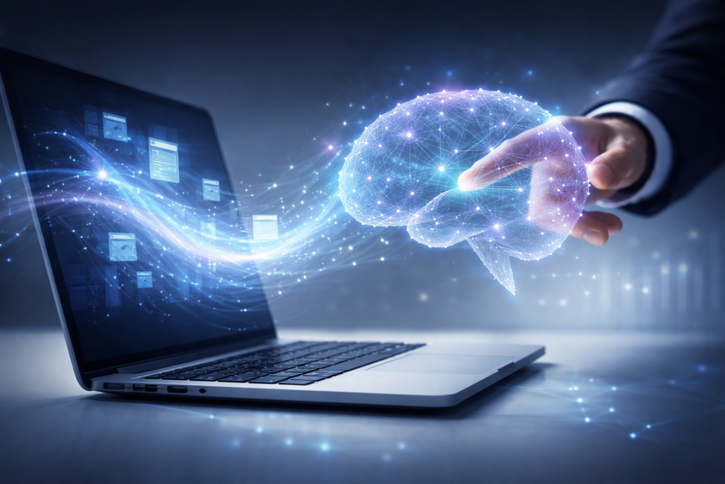 isualisierung von Perplexity AI im Business-Kontext: Ein Laptop sendet blaue Datenströme zu einem leuchtenden digitalen Gehirn, das von einer Hand berührt wird.