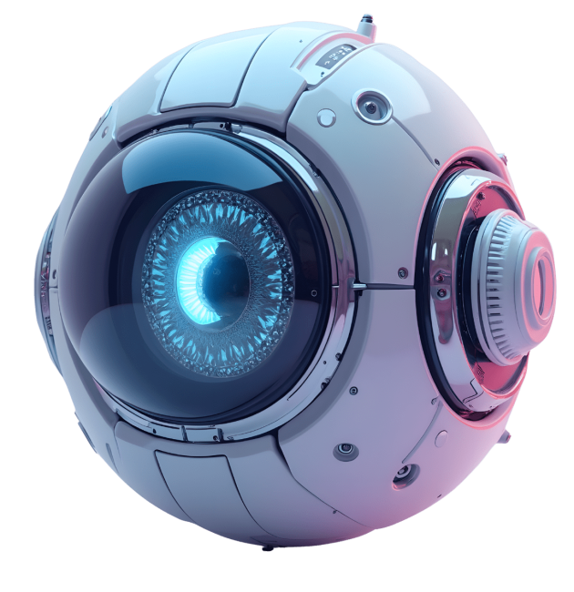 Futuristisches KI-Objekt mit leuchtendem Auge, Symbol für innovative Technologien in einem modernen KI Workshop.